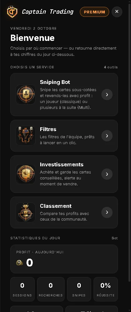 Accueil du panneau Captain Trading
