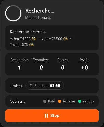 Écran de recherche du bot